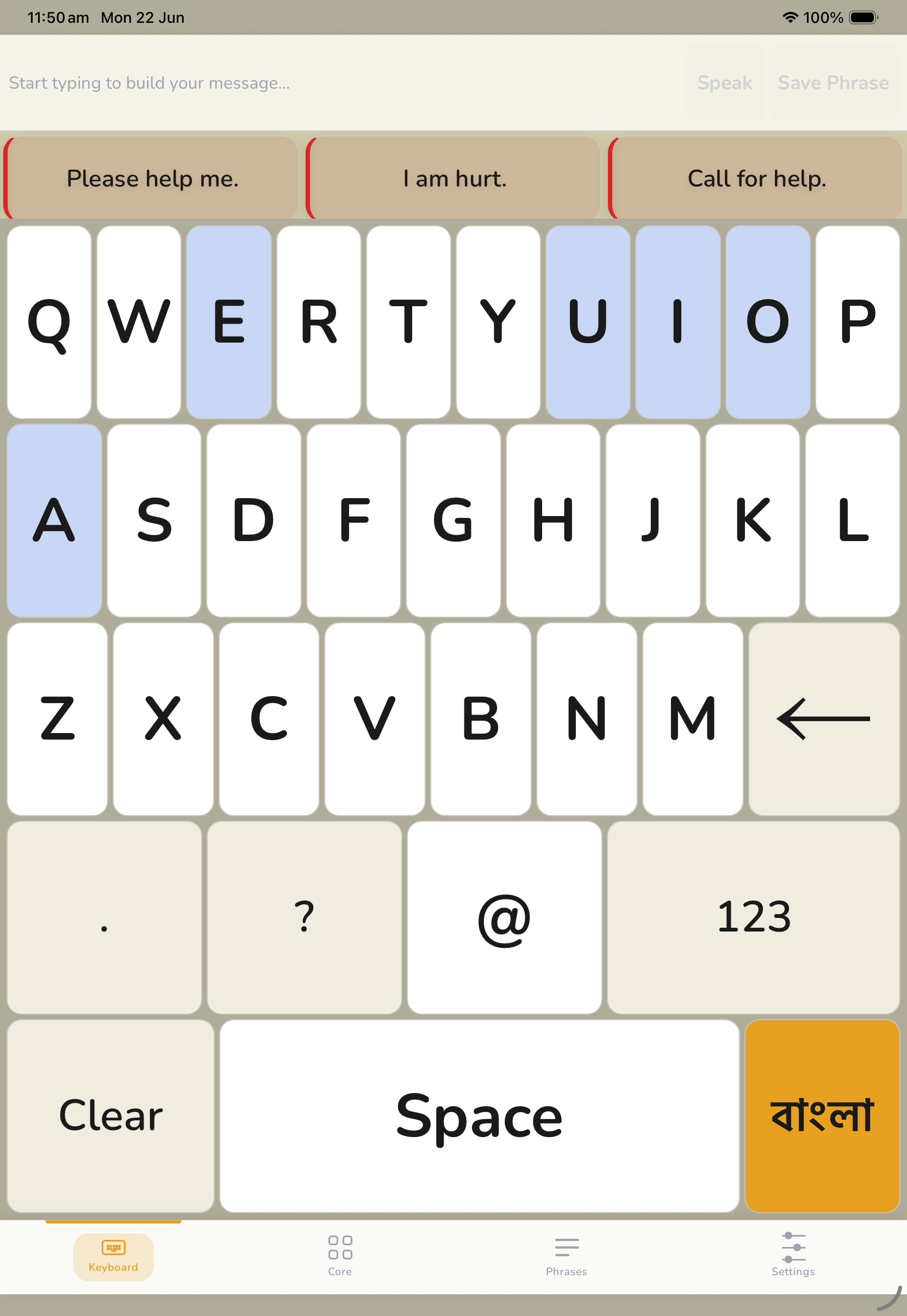 English letterboard with QWERTY keys and emergency phrases