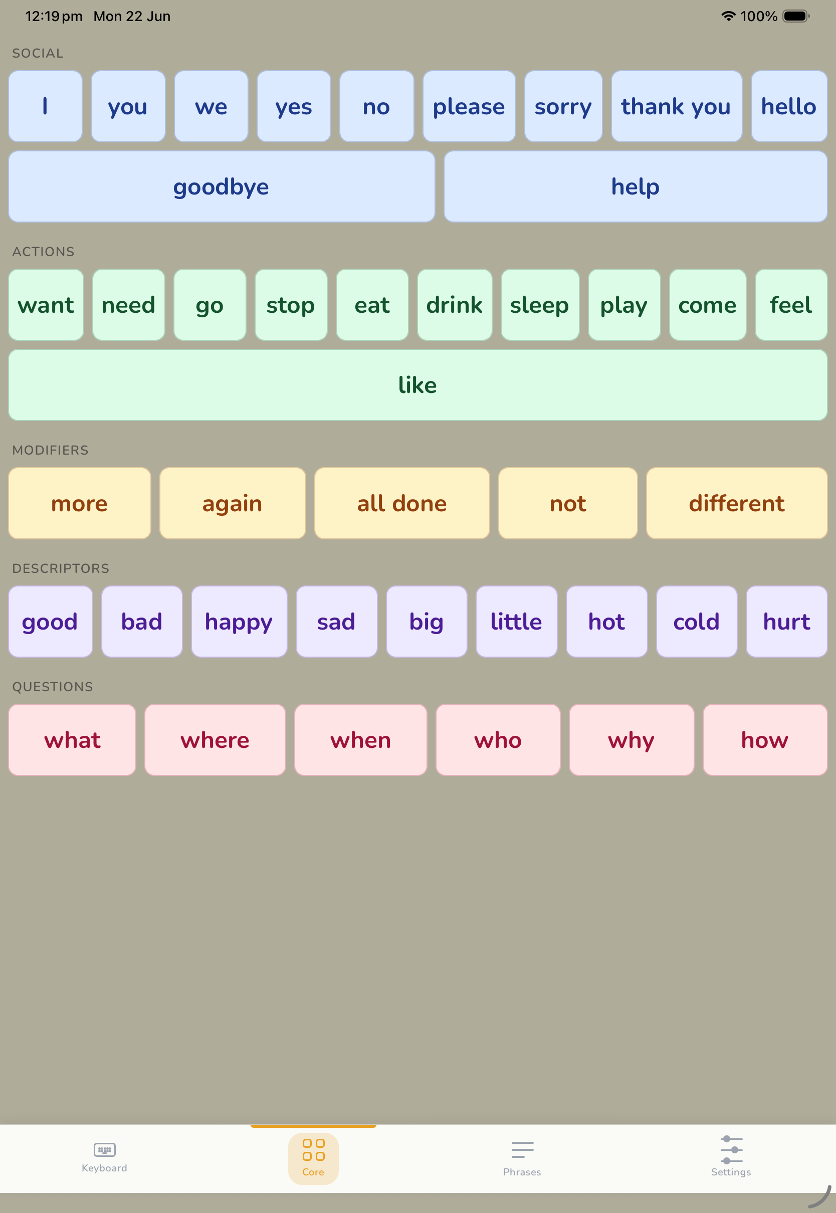 Core vocabulary board colour-coded by category