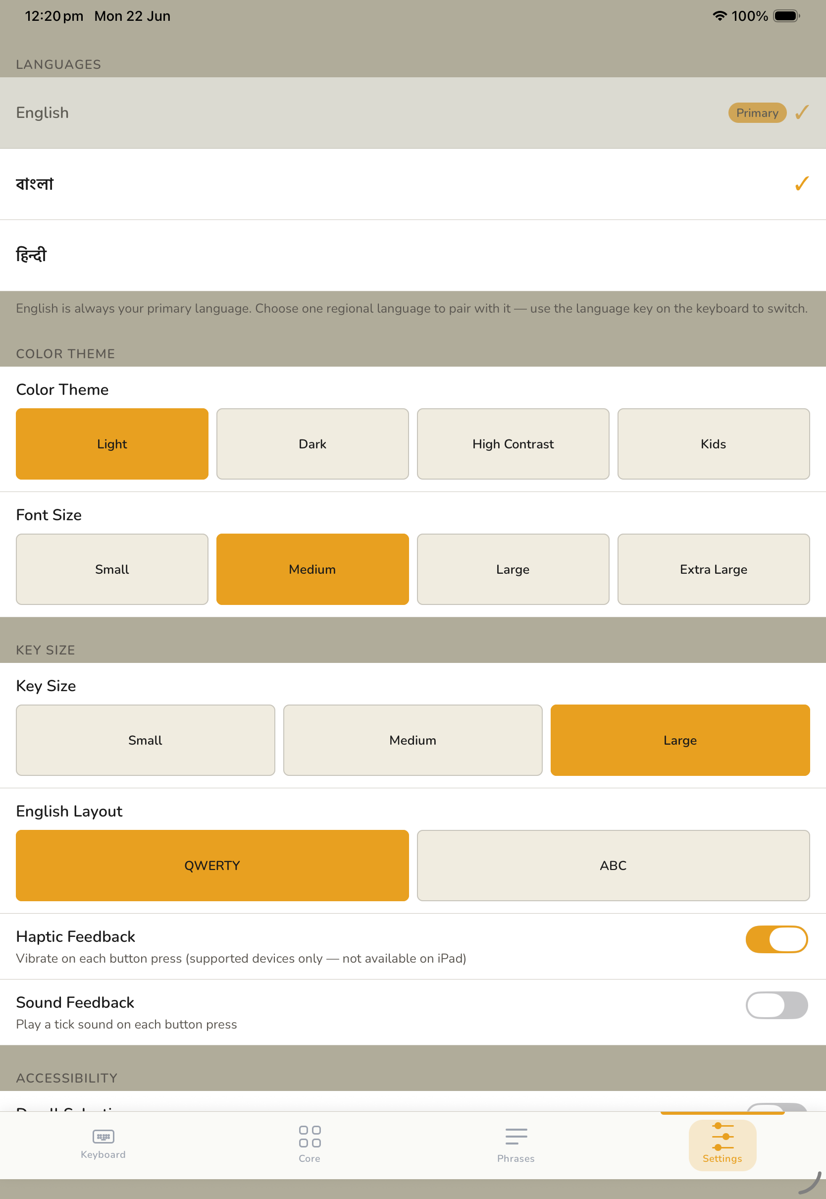 Settings showing languages, themes and accessibility options